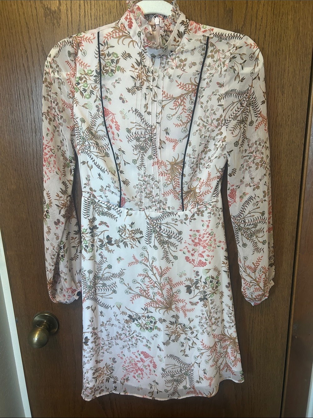 Miss Selfridge Blush Floral High-Neck Long-Sleeve Mini Dress